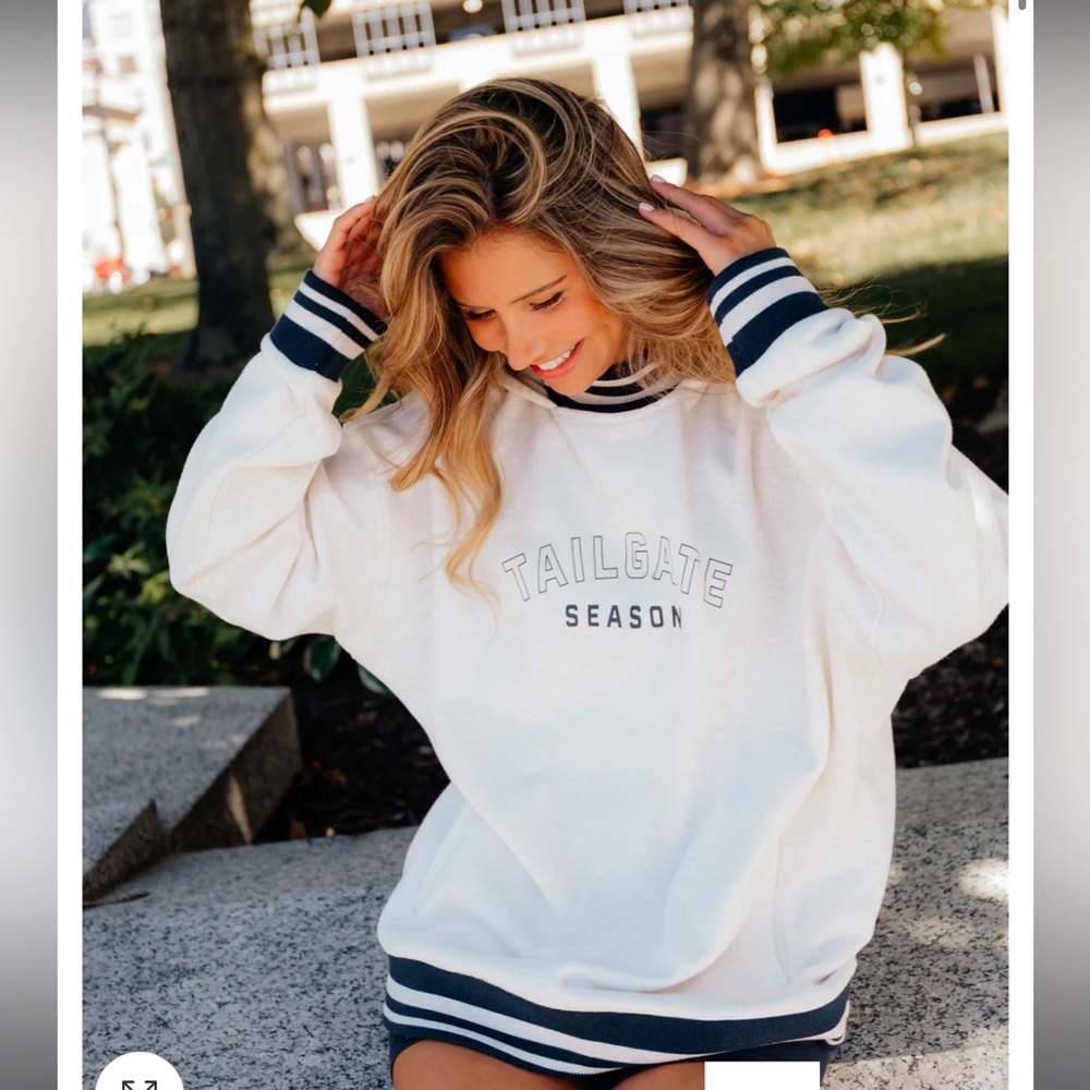 PTULA Tailgate Season Varsity White/Navy Sweatshirt- XS